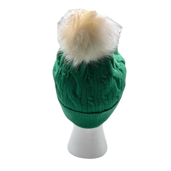 Talbots | Women | Solid Green Cable Knit Pom Pom Beanie Hat One Size - Picture 4 of 8